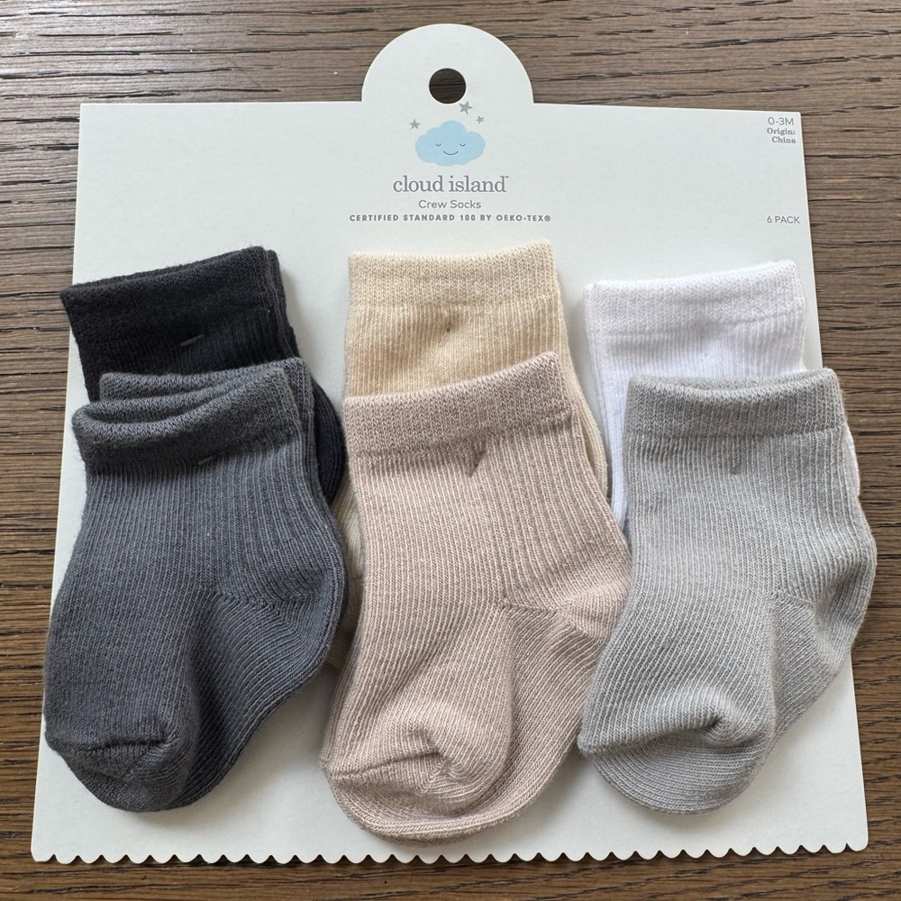 Cloud Island Baby Crew Socks 6-Pack - Neutral Tones 0-3 Months, Lightweight Knit